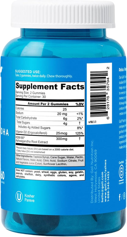 Ashwagandha & Vitamin D Gummy - 60 Count - Mixed Berry, KSM-66, Vegan, Plant Based, Non-Gmo, Gluten-Free & Gelatin Free Relax. Restore. Unwind, Pack of 1