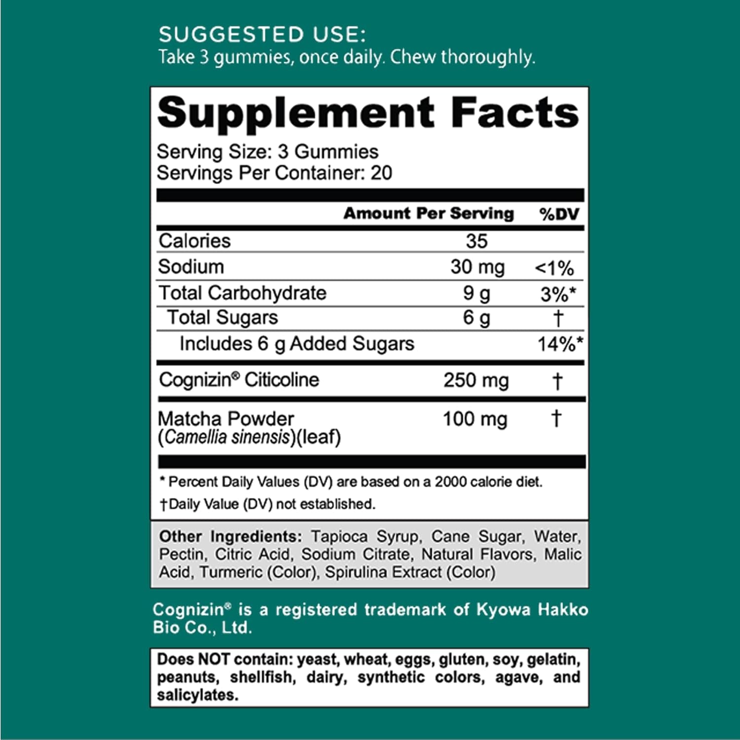 Matcha Mind Gummies - 60 Count - Green Tea Leaves Powder with Cognizin for Focus, Attention and Brain Health, Vegan, Non-Gmo, Gluten-Free & Gelatin Free.