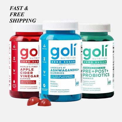 NEW 3 Bottles Goli Zero Sugar Best Seller Trio Set Gummies, 60 Counts per Bottle