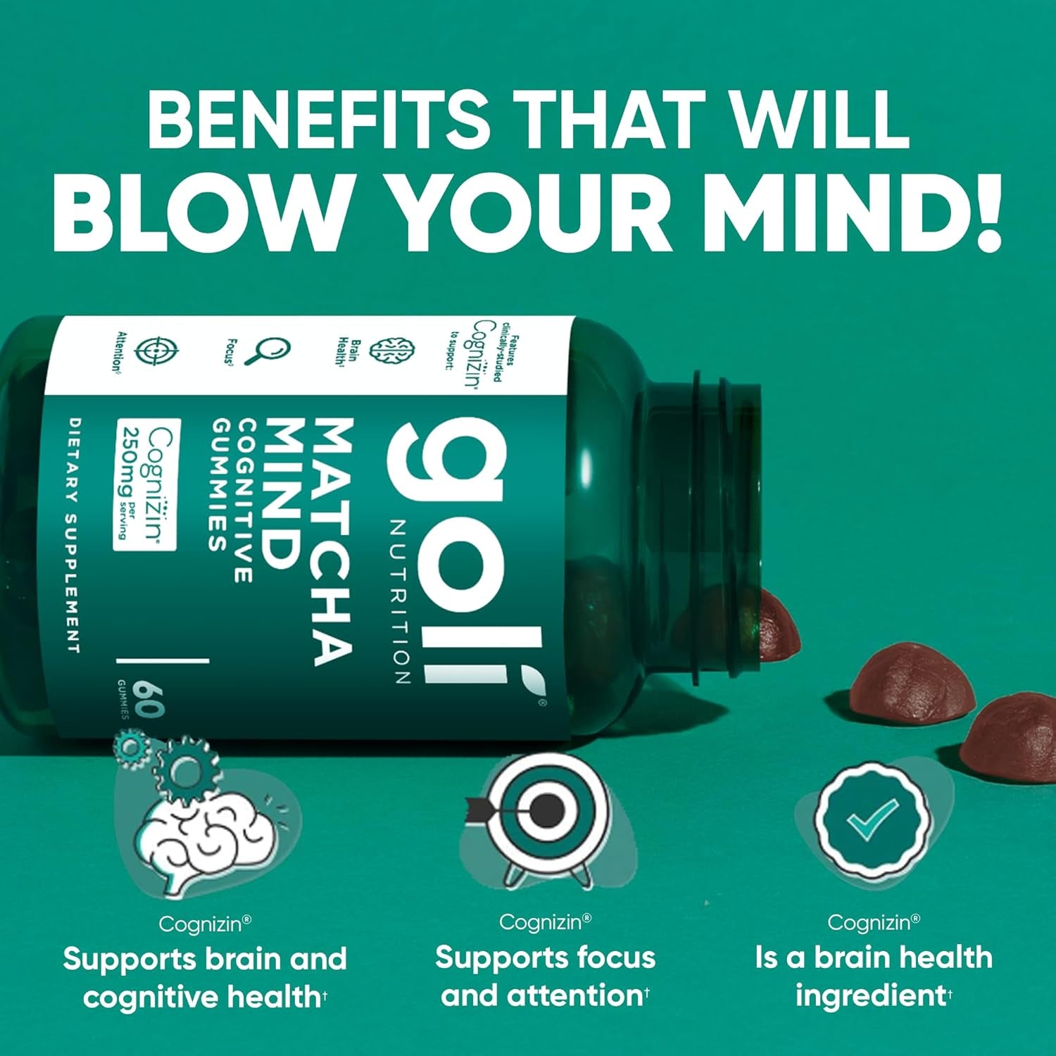 Matcha Mind Gummies - 60 Count - Green Tea Leaves Powder with Cognizin for Focus, Attention and Brain Health, Vegan, Non-Gmo, Gluten-Free & Gelatin Free.