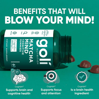 Matcha Mind Gummies - 60 Count - Green Tea Leaves Powder with Cognizin for Focus, Attention and Brain Health, Vegan, Non-Gmo, Gluten-Free & Gelatin Free.