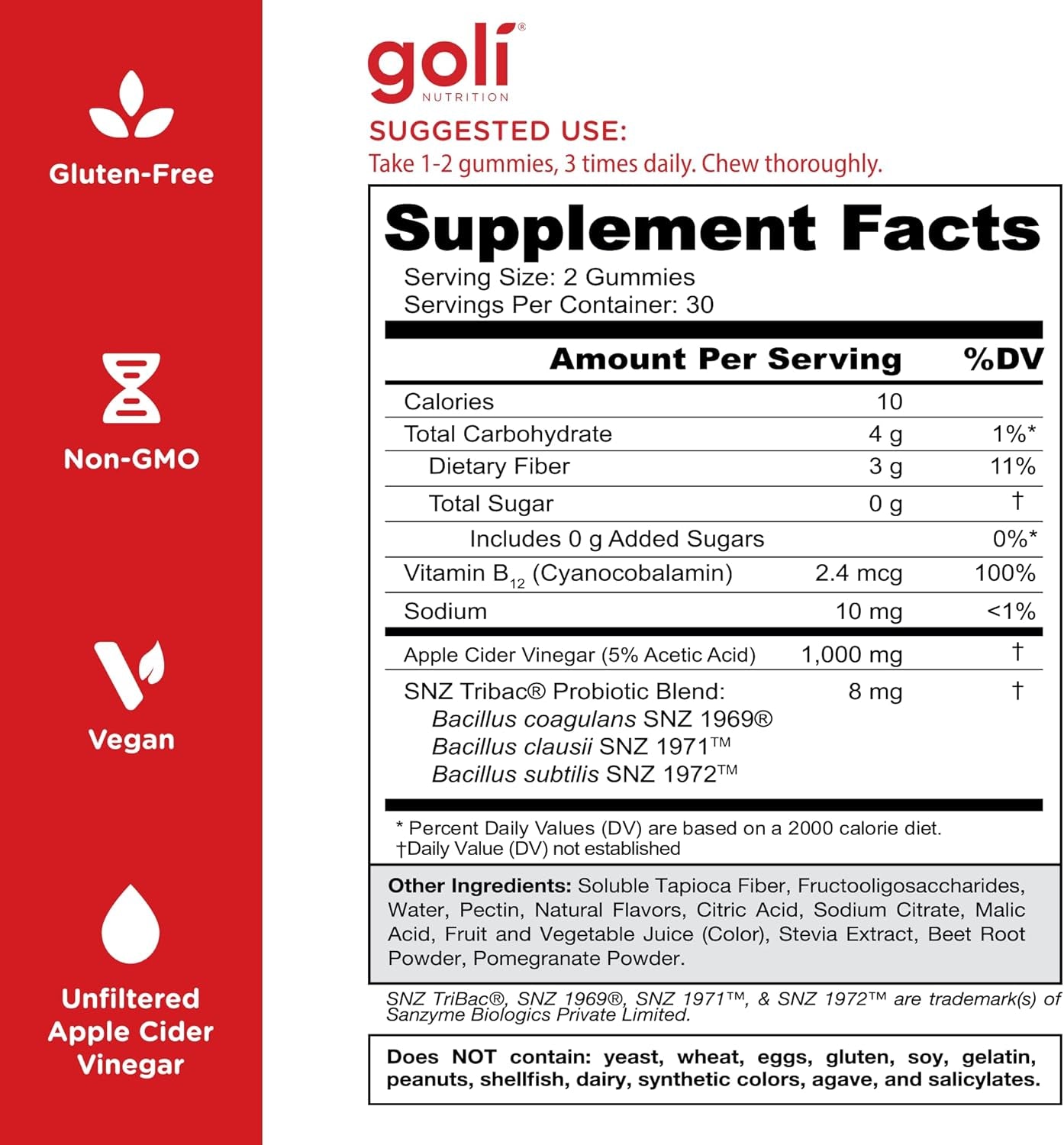 Zero Sugar Apple Cider Vinegar Gummies - ACV with Vitamin B12 and Probiotics - No Sugar Alcohols - Vegan, Keto-Friendly, Gluten-Free