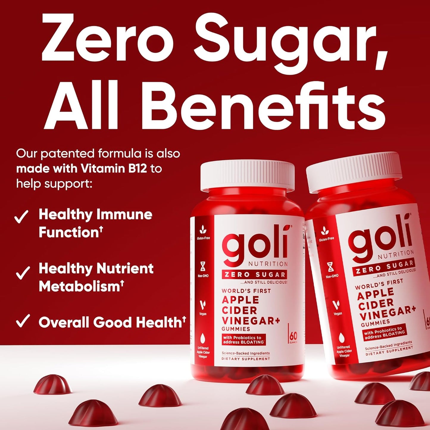 Zero Sugar Apple Cider Vinegar Gummies - ACV with Vitamin B12 and Probiotics - No Sugar Alcohols - Vegan, Keto-Friendly, Gluten-Free
