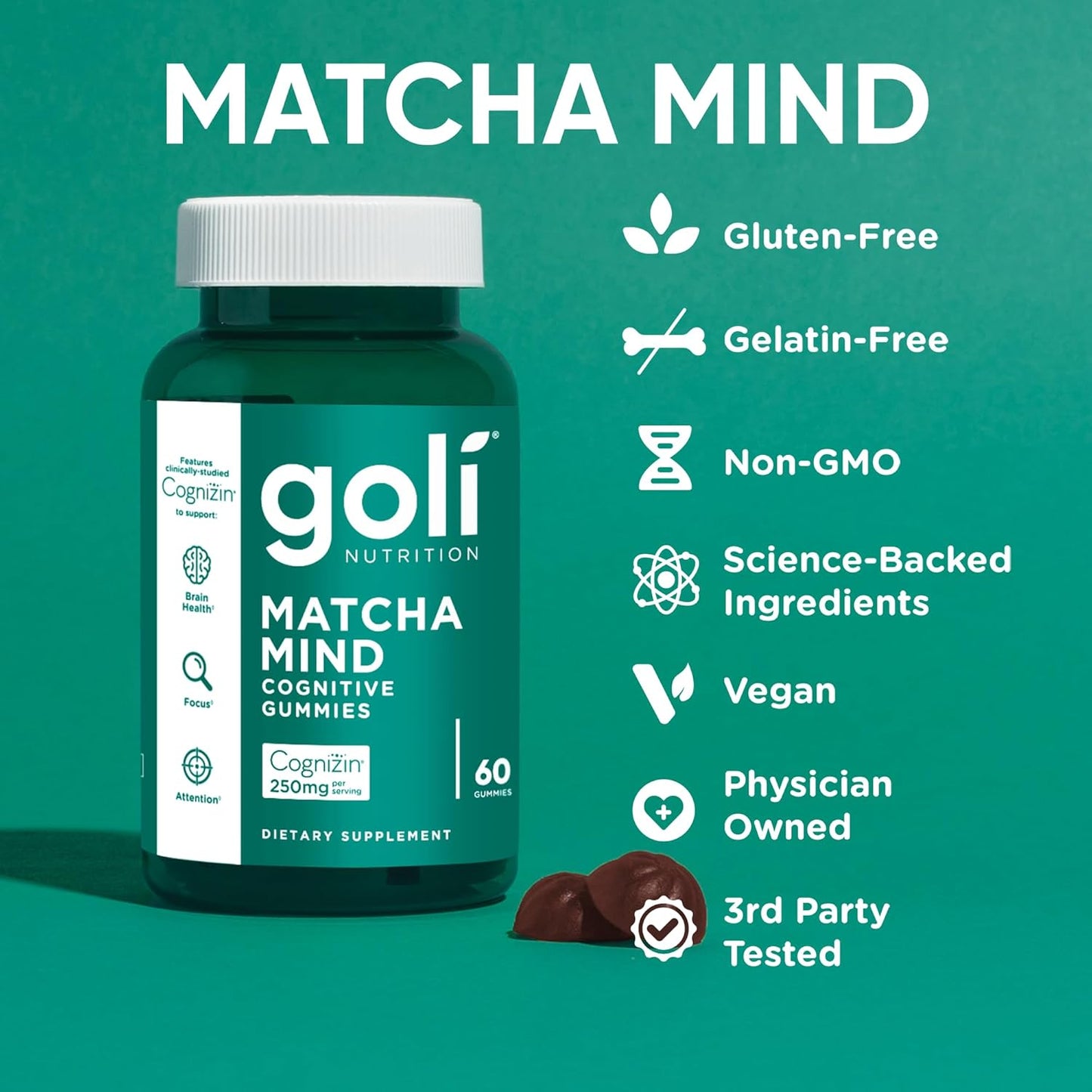 Matcha Mind Gummies - 60 Count - Green Tea Leaves Powder with Cognizin for Focus, Attention and Brain Health, Vegan, Non-Gmo, Gluten-Free & Gelatin Free.