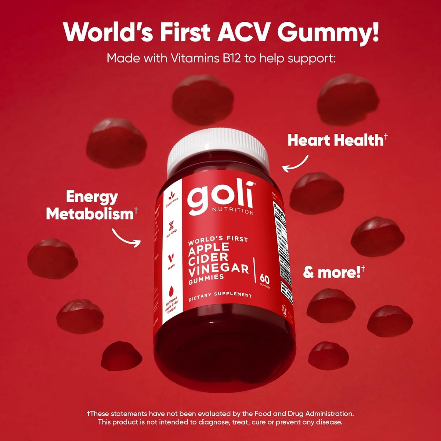 Apple Cider Vinegar Gummies - Worlds First ACV Gummy with Vitamin B12, Beetroot & Pomegranate - Vegan, Non-Gmo, Gluten-Free - 60 Count (Pack of 1)