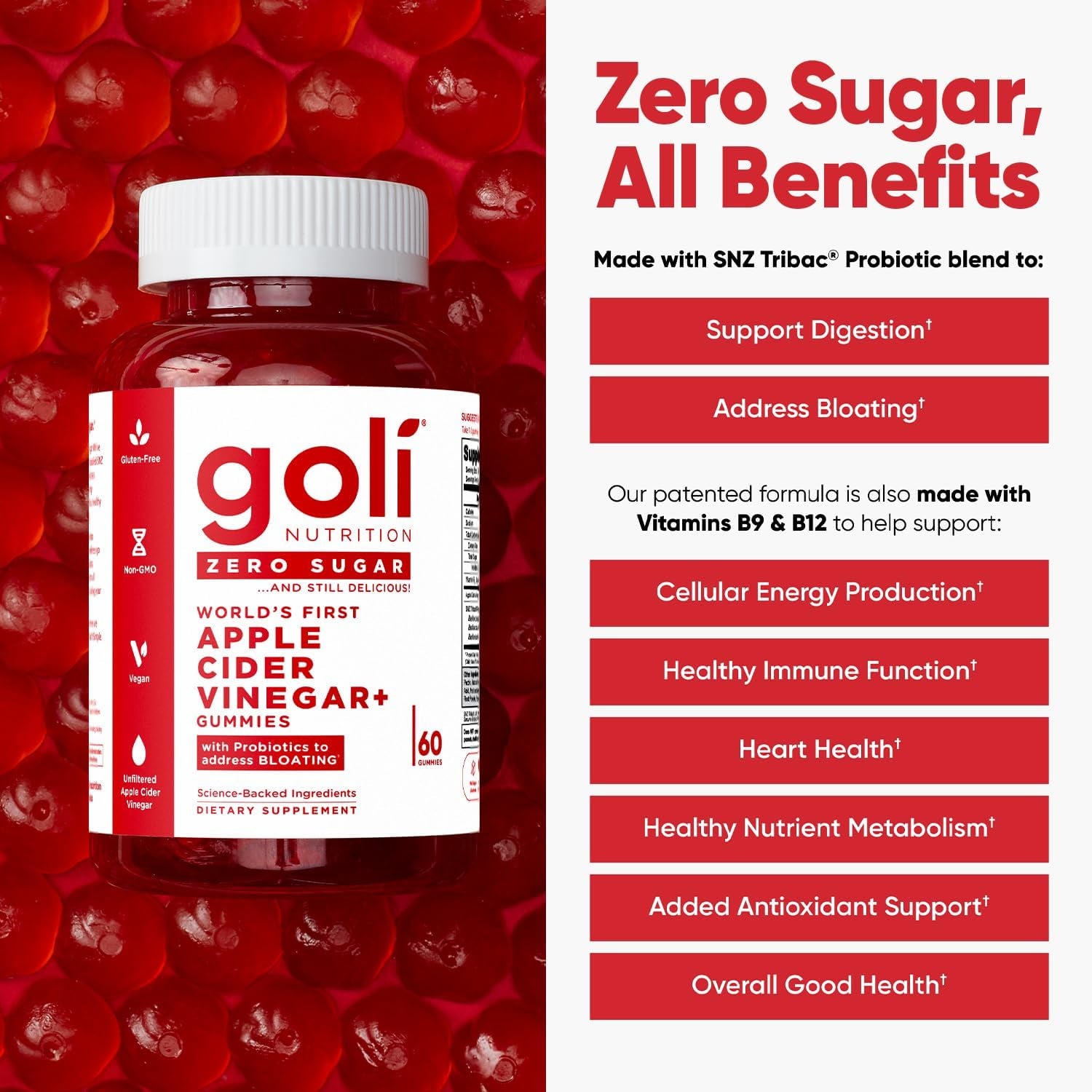 Zero Sugar Apple Cider Vinegar Gummies - ACV with Vitamin B12 and Probiotics - No Sugar Alcohols - Vegan, Keto-Friendly, Gluten-Free