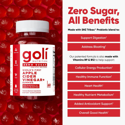 Zero Sugar Apple Cider Vinegar Gummies - ACV with Vitamin B12 and Probiotics - No Sugar Alcohols - Vegan, Keto-Friendly, Gluten-Free