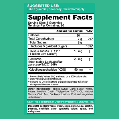 Pre Pro Postbiotic Gummies - Worlds First 3-In-1 Formula with DE111 Probiotics, XOS Prebiotics, MCC1849 Postbiotics - Vegan, Non-Gmo, Gluten-Free