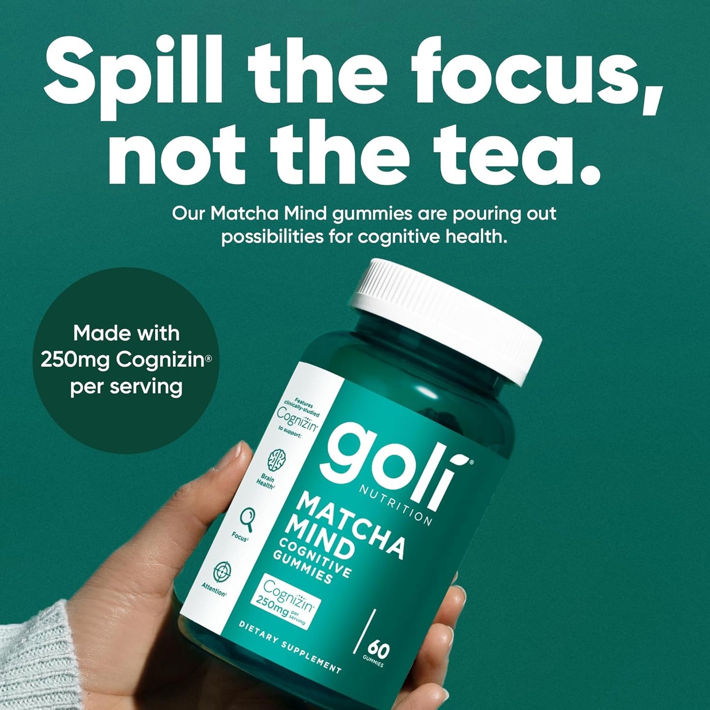 Matcha Mind Gummies - 60 Count - Green Tea Leaves Powder with Cognizin for Focus, Attention and Brain Health, Vegan, Non-Gmo, Gluten-Free & Gelatin Free.