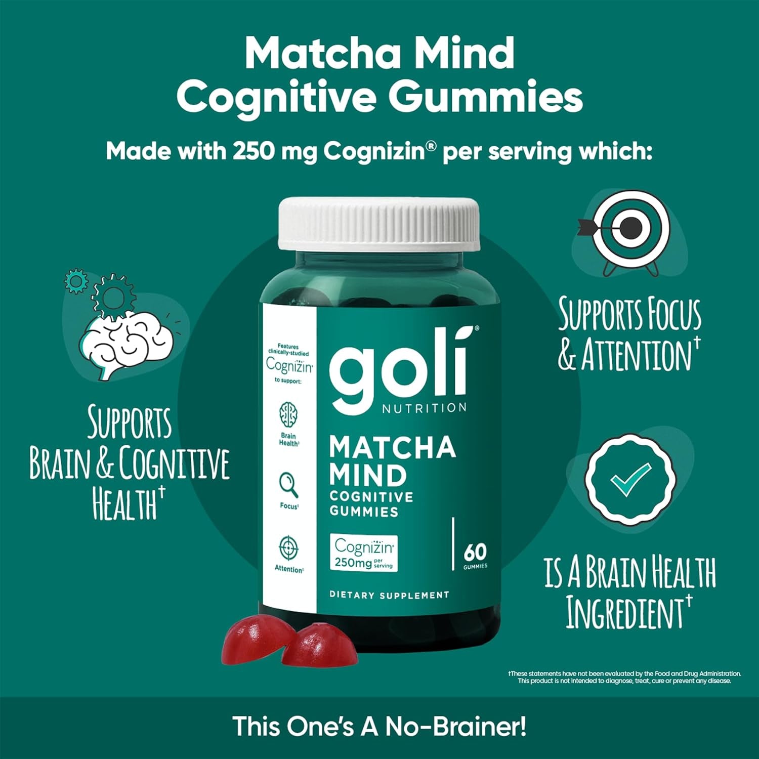 Matcha Mind Gummies - 60 Count - Green Tea Leaves Powder with Cognizin for Focus, Attention and Brain Health, Vegan, Non-Gmo, Gluten-Free & Gelatin Free.