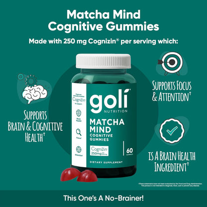 Matcha Mind Gummies - 60 Count - Green Tea Leaves Powder with Cognizin for Focus, Attention and Brain Health, Vegan, Non-Gmo, Gluten-Free & Gelatin Free.